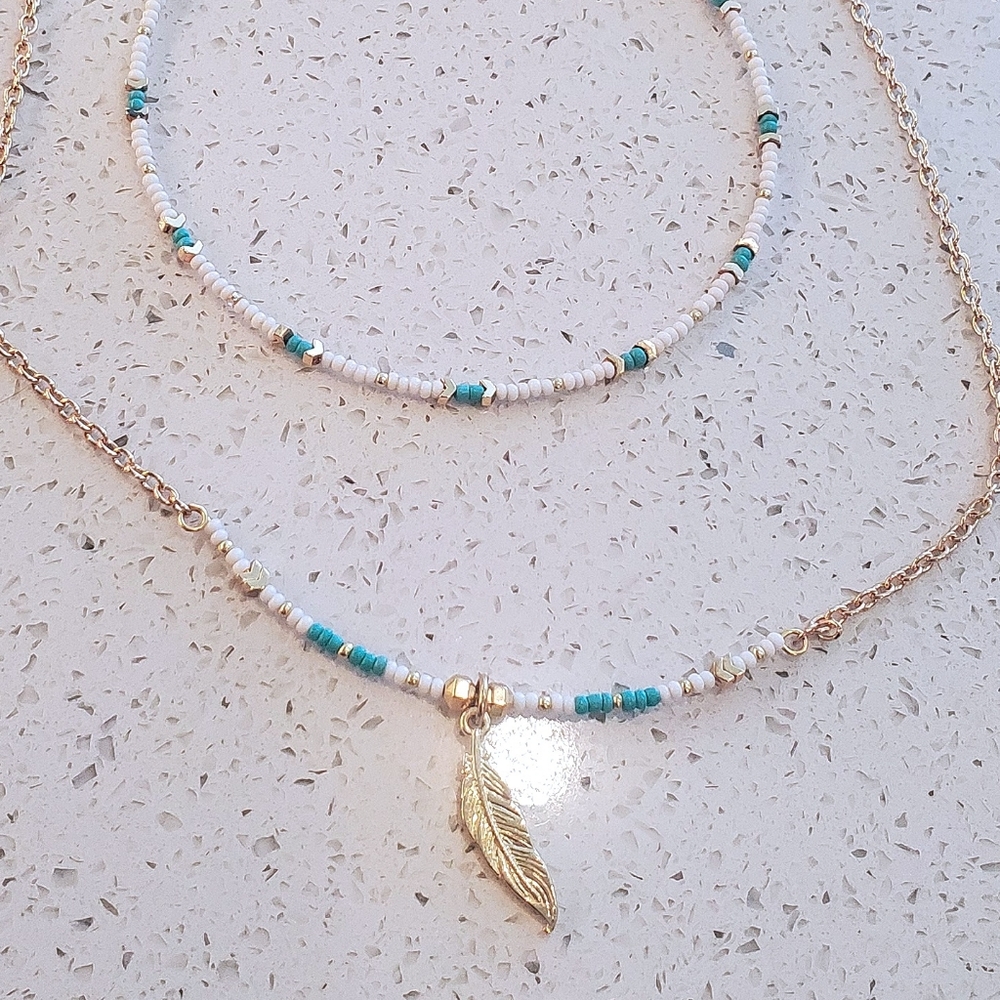 Turquoise, White, and Gold Beaded Necklace Set - Elegant and Versatile